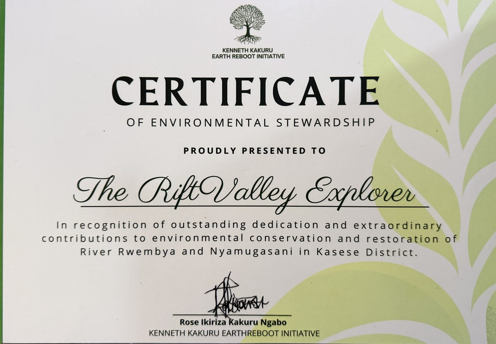 Certificate of Environmental Stewardship — The Rift Valley Explorer